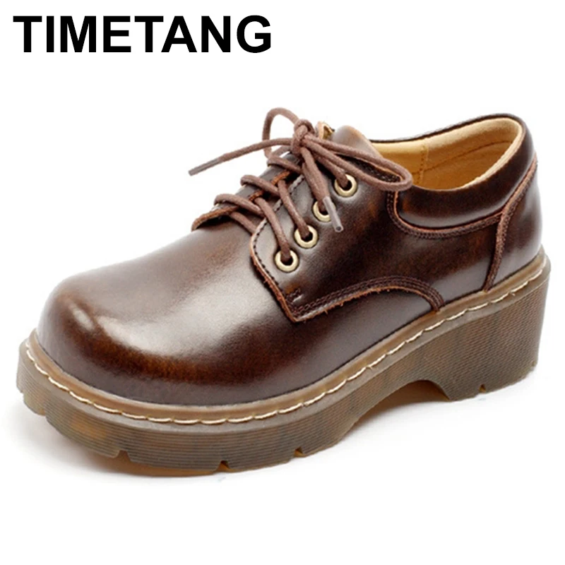 

TIMETANG 2021 new college style thick-soled loafers summer thin round toe increase lace-up small leather shoes women