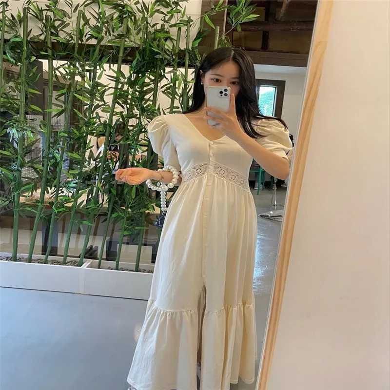 

Корейское кружевное украшенное длинное милое платье