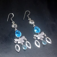 gemstonefactory big promotion 925 silver glowing vintage blue topaz women ladies gifts dangle drop earrings 20212138