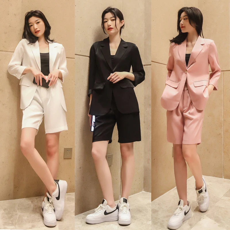 

Летний дышащий Тонкий костюм + 5-точечные шорты, женский модный офисный костюм из 2 предметов, модный костюм с шортами, элегантный женский кос...