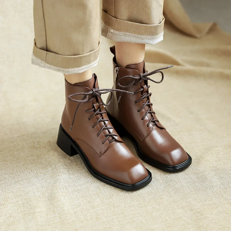 spesifikasi MEMUNIA 2021 Sepatu Bot Pergelangan Kaki Musim Gugur Musim Dingin Sepatu Kulit Asli Wanita Sepatu Fashion Hak Tebal Berenda Ritsleting Sepatu Bot Wanita Hitam