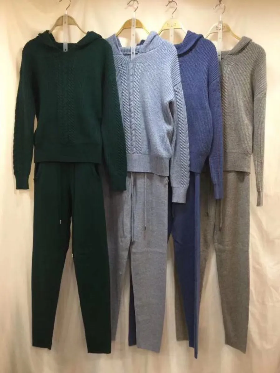 

Women Top Fashion Drawstring Full Wool Cashmere Knit Two-piece Female 2020 New Winter Casual Hooded Sweater And Warm Feet Pants