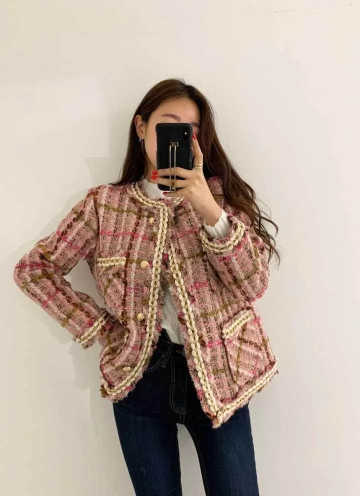 Куртка Шерстяная женская короткая из твида во французском стиле с круглым