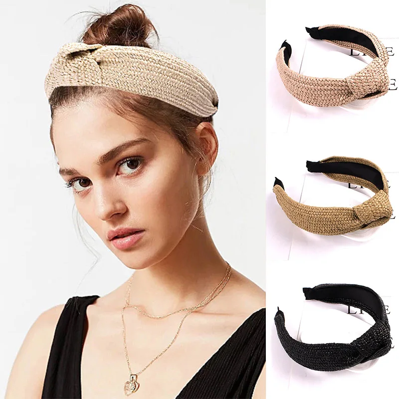 Ткачество тюрбан для женщин узелковая соломенная повязка однотонный широкий