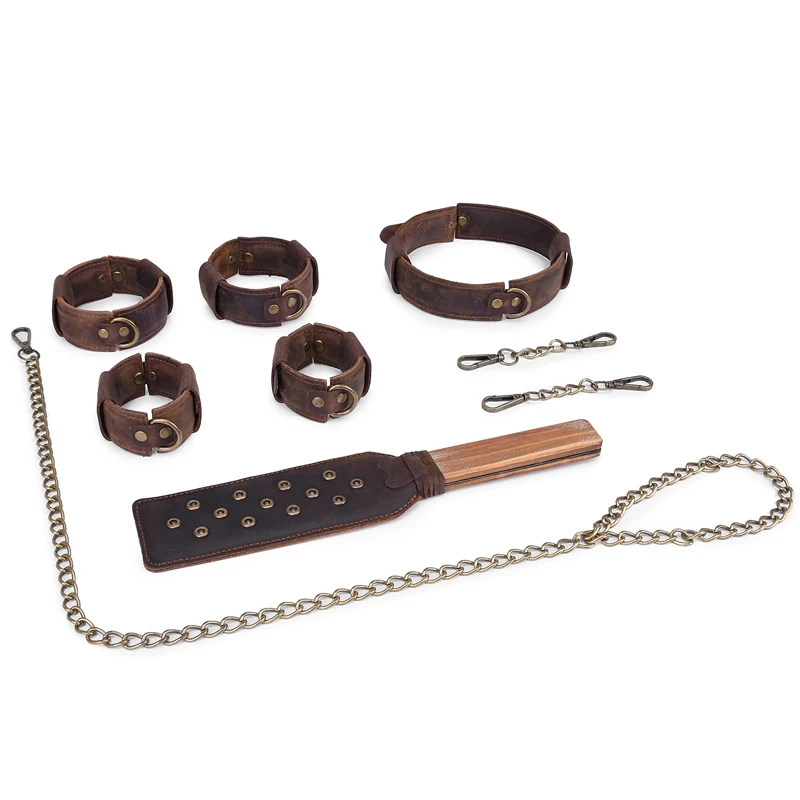 Brown Vintage Pull-Up Leather Sex Bdsm Bondage Set 4pcs Spanking Paddle Collars Ankle Cuff Handcuffs For Sex Toys For Couples