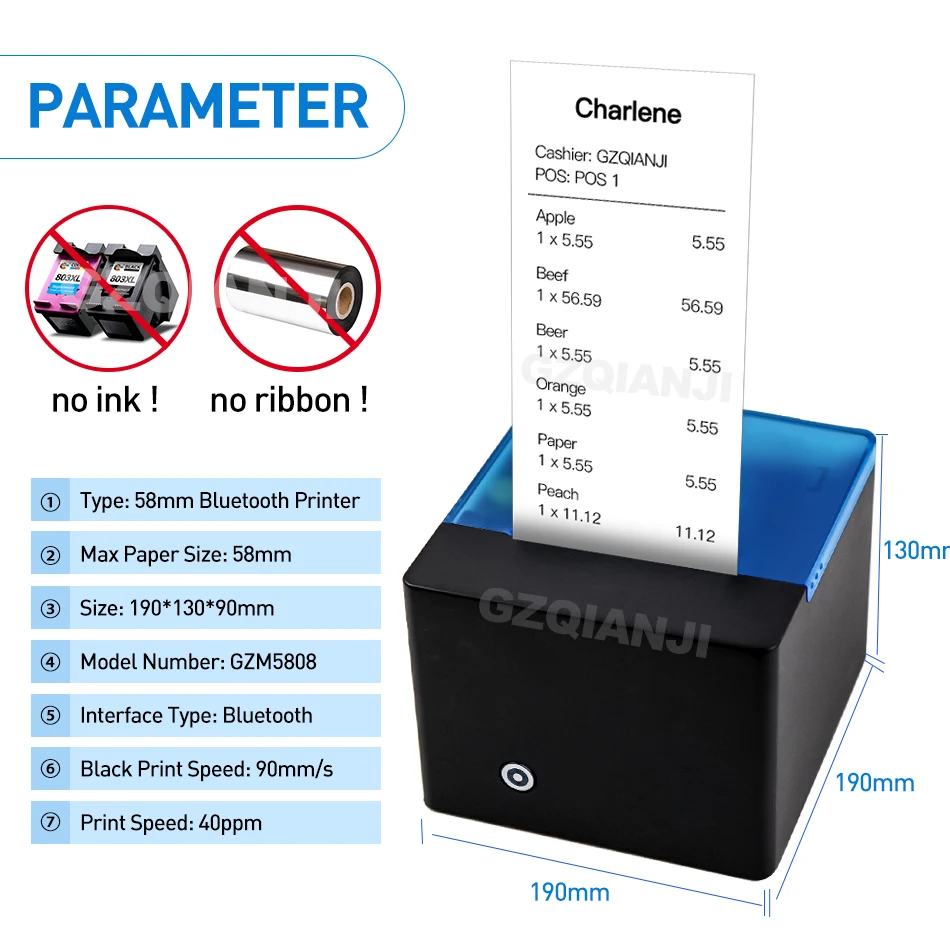 GZM5808 58 мм Bluetooth термопринтер Профессиональный портативный мобильный фотопринтер тепловой чековый принтер компьютерный принтер Android iOS