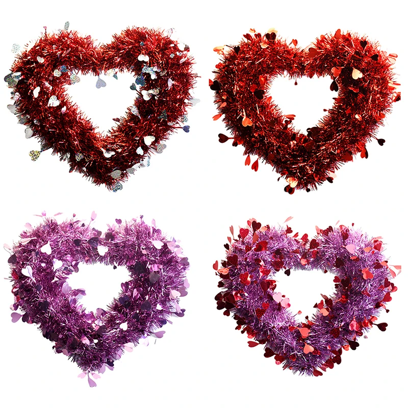 

14 Inches Novelty Valentine's Day Wreath for Front Door, Tinsel Heart Shaped Wreath Hanging Wall Decorations Outdoor Decor