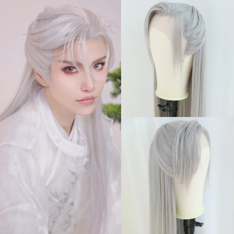 LANLAN Ancient Style Hanfu Man Costume Front Lace Custom Silver Gray Synthetic Long Straight Hair COS Full Wig Set.