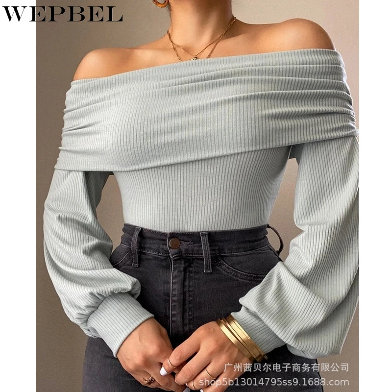 

WEPBEL Sexy Slim Fit T-shirt Women's Lantern Sleeve Slash Neck T-shirt Top Autumn Solid Color Backless Off-Shoulder T-shirt