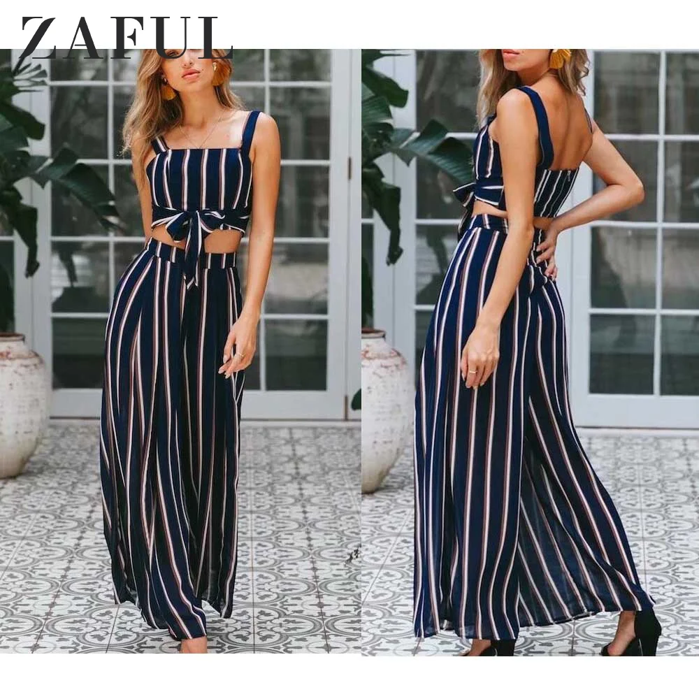ZAFUL полосатый топ на молнии и широкие брюки без рукавов Топ полосатые гаучо