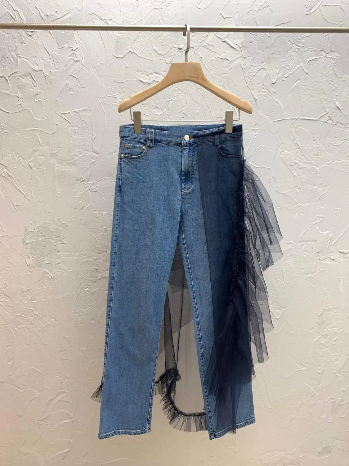new 2021 spring women mesh patchwork jeans female vintage straight denim pants trouse ddxgz2