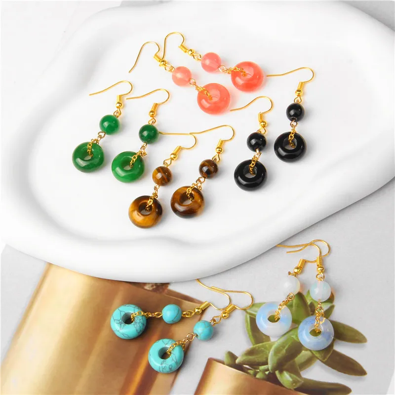 

Natural Stone Bead Pendant Earrings Gold Color Chain Tiger Eye Charm Drop Earring Vintage Dangle Earrings for Women Jewelry Gift
