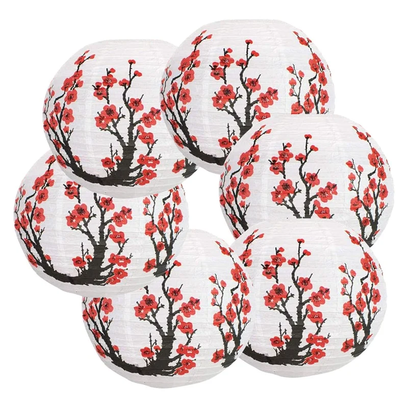 

Практичные бумажные фонарики с красными цветами вишни, 6 упаковок, 12 дюймов, белые круглые китайские японские бумажные лампы для дома, украш...