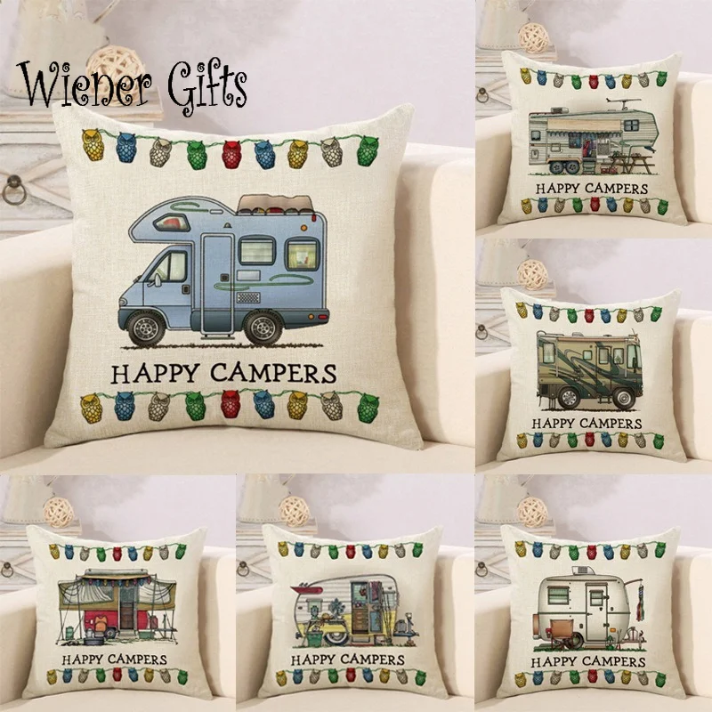 

Happy Campers Car Soft Short Plush Cushion Cover Print Pillow Covers 45*45cm Throw Pillow Case Sofa Home Decor Owl Pillowcase