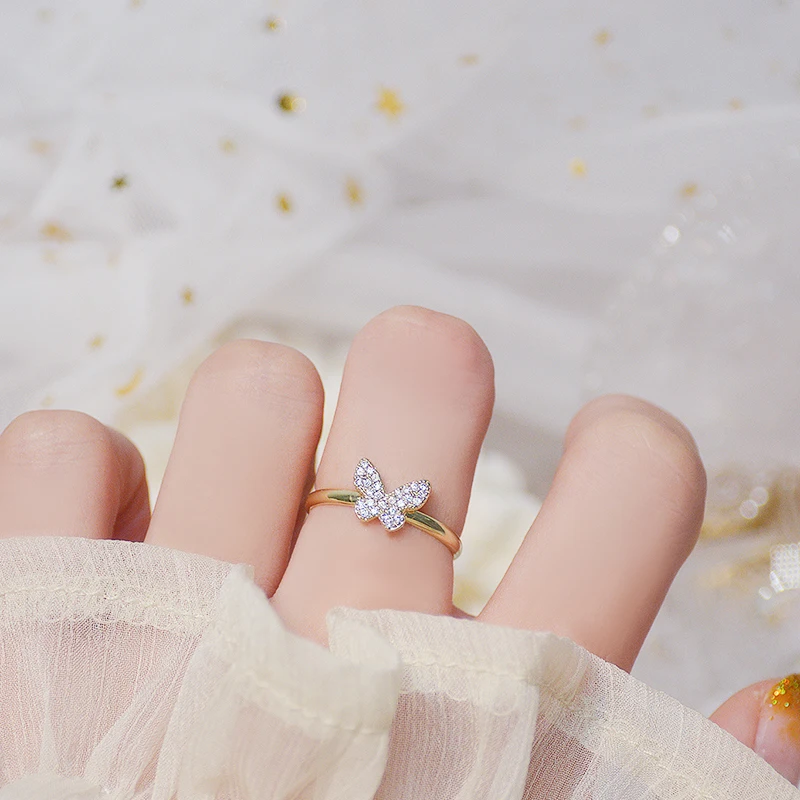 

Korean Trendy 14k Real Gold Jewelry Butterfly Rings for Women Adjustable Open Design Micro Inlay AAA Shiny Zircon Lovely Gift