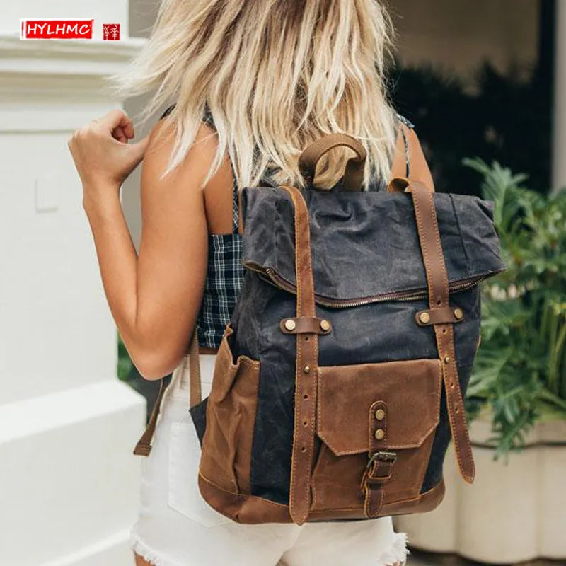

Retro Waterproof Canvas with Leather Women Backpack Travel Shoulder Bag Female Large Capacity Backpacks Computer Big Bags