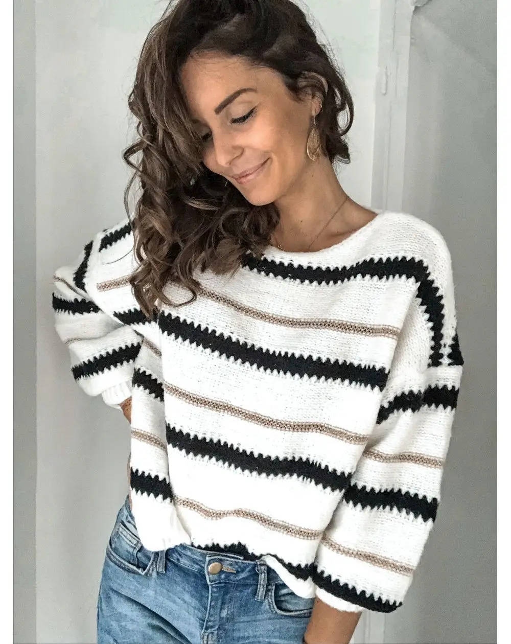 

Casual Loose Knitted Sweater New Casual Femme Striped Long Sleeve Female Tops Pullover Autumn Winter Elegant Sweater Pull