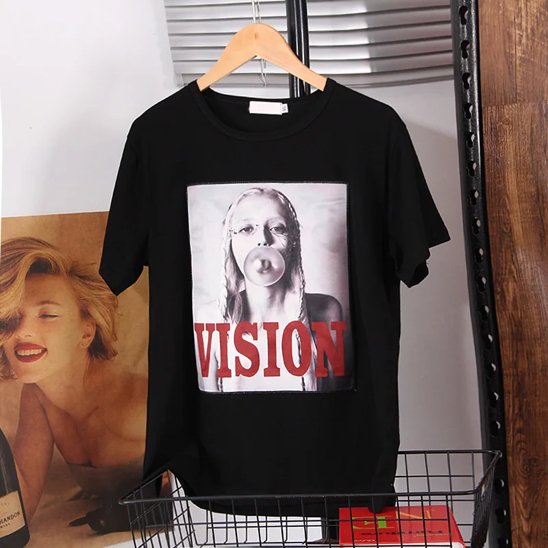

Summer Comfortable Fashion Creativity Pattern printed appliques short-sleeve T-shirts female Loose Casual Round neck women tops