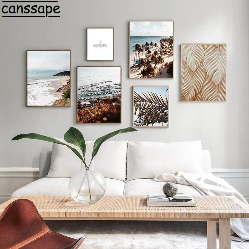 

Scandinavian Wall Poster Sea Paintings Palm Tree Canvas Print Sandy Beach Art Posters Landscape Wall Pictures Home Decoration