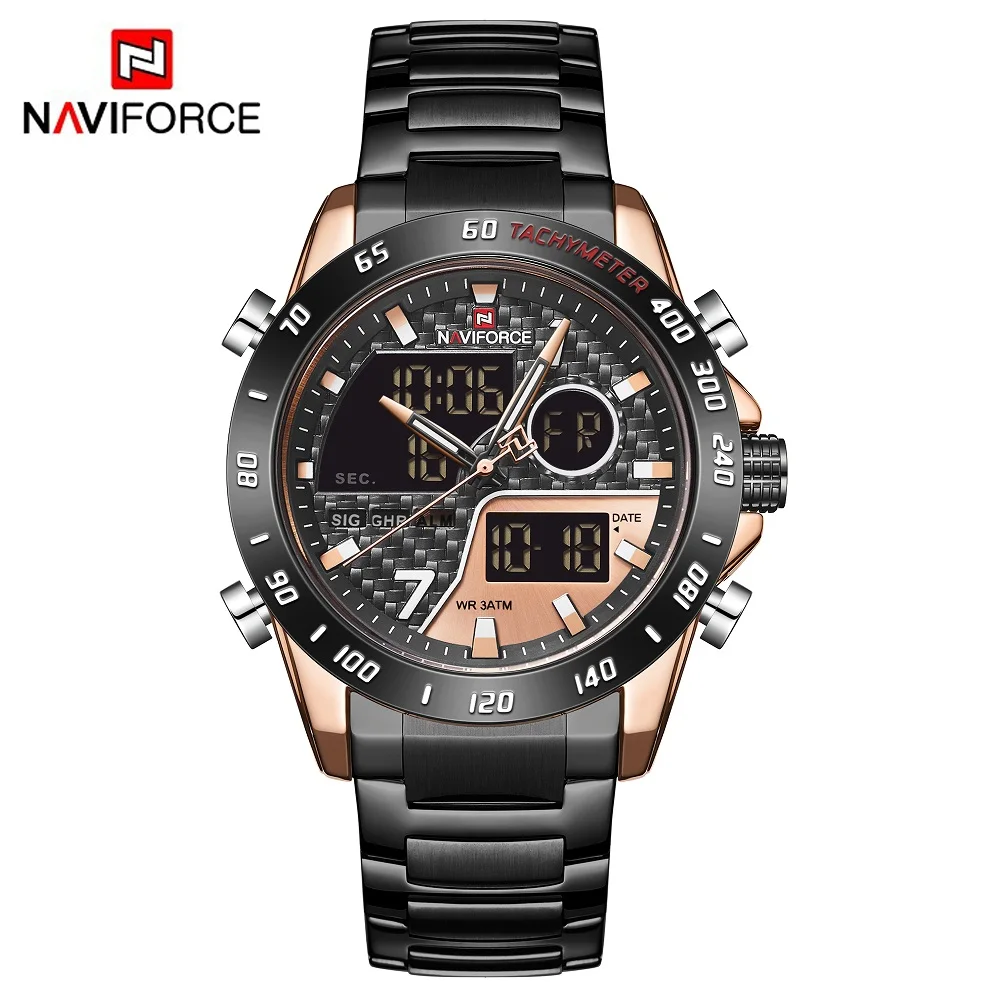 Black Rosegold NAVIFORCE, мужские часы, модные, спортивные, кварцевые, светодиодный, цифровые часы, мужские, s, военный хронограф, наручные часы, Relogio Masculino - Цвет: Black Rosegold
