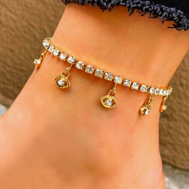 

Bling Rhinestone Evil Eyes Pendant Anklet Bracelet for Women Beach Barefoot Crystal Tennis Chain Anklet Fashion Foot Jewelry
