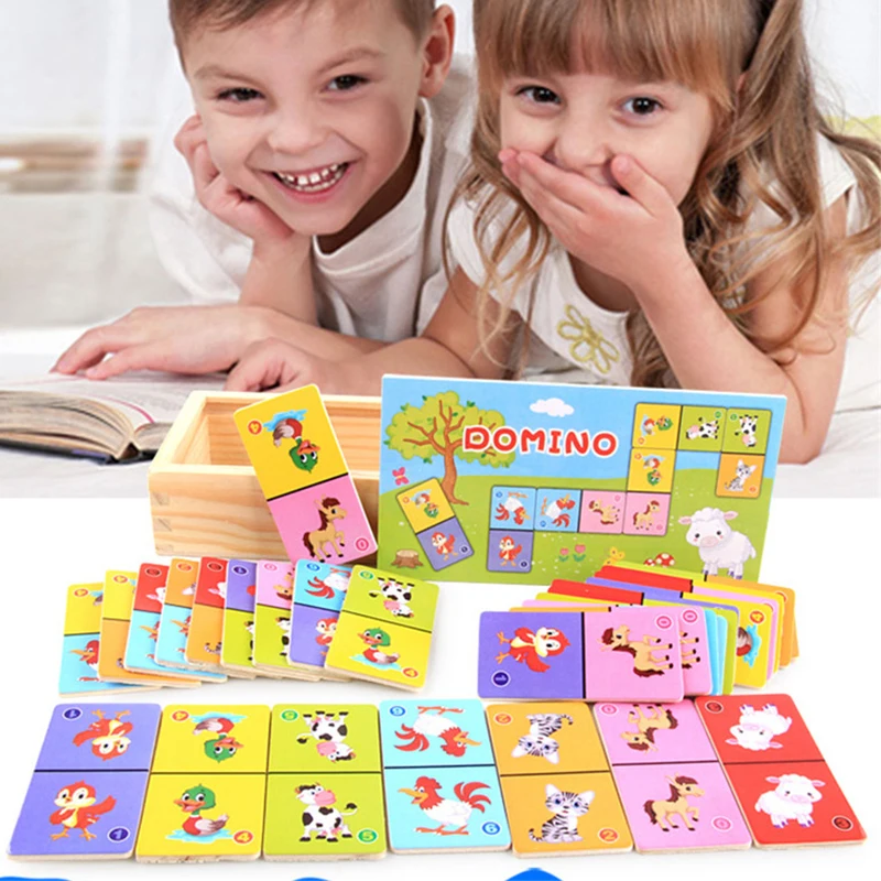 Montessori Wooden Domino Building Blocks Set Early Educational Toys Kids Cognitive Animal Solitaire Dominoes Puzzle Toy Children