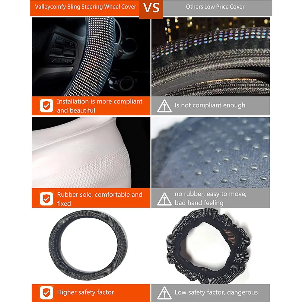 

Accessory Car Steering Wheel Cover Black Bling Crystal Diamond For 37-38CM