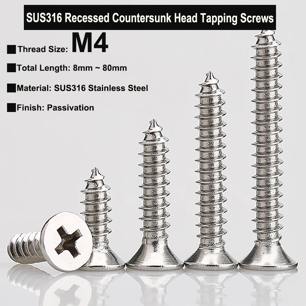 

20Pcs/10Pcs/5Pcs M4x8mm~80mm SUS316 Stainless Steel Cross Recessed 90° Countersunk Phillips Head Self-Tapping Screws GB846