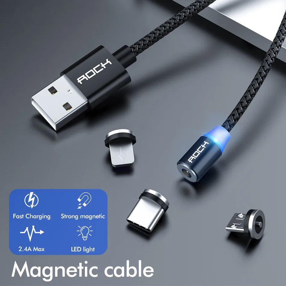 ROCK светодиодный магнитный кабель Micro usb type C, зарядное устройство для Xiaomi Redmi Note 8, iPhone X, samsung S9, huawei, быстрая зарядка, USB C, 1 м