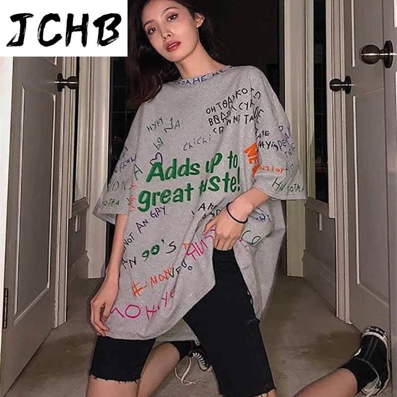 

2021 Harajuku Style Graffiti Women Clothes Short -sleeved t Shirt Woman Tshirt Tops Oversized Letter Tees O-neck Womens T-shirts