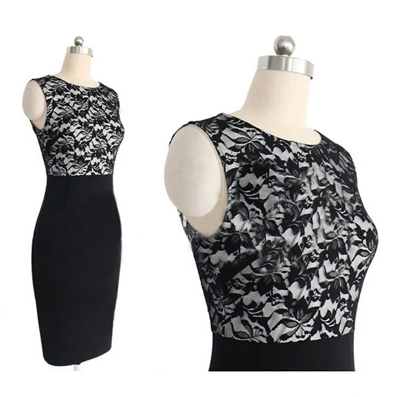 Женское кружевное лоскутное платье без рукавов с круглым вырезом деловое