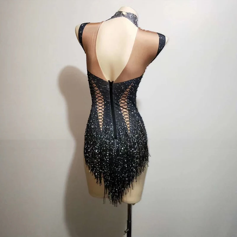 Women Jazz Dance Wear black Stretch Bodysuit Outfit Fringe Rhinestone One piece Jumpsuit Show Sexy DJ Costume Stage Costume rave