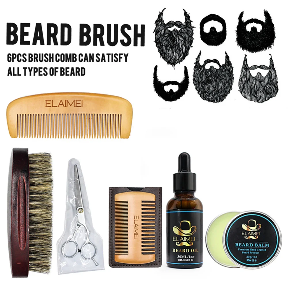

6pcs Beard Grooming Kit Essential Oil Balm with Scissor Comb Brush for Men Daily Care