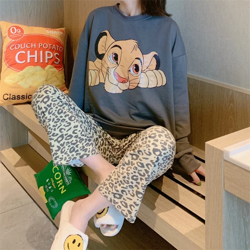 Disney The Lion King Printed Black White Pajamas Women Autumn and Spring Cute Simba Long Sleeve Leopard Pants Homewear 2 Pieces