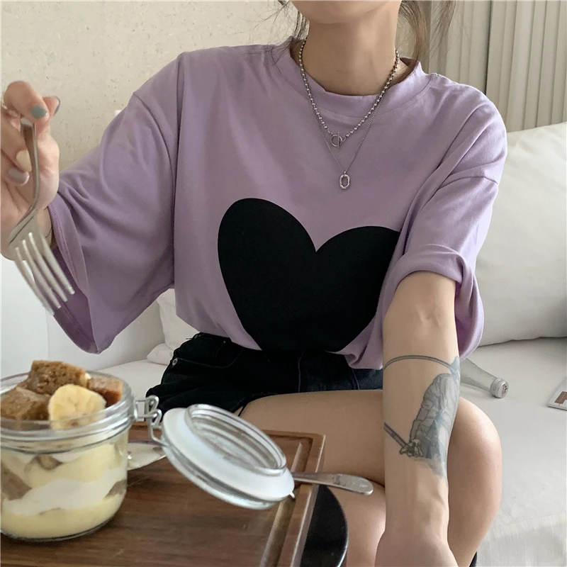 

Korean Love Print Bf T Shirs Female Fashion Brand Summer Short Sleeve Graphic Tee Ins Hipster Casual Style Loose Ladies Tops Hot