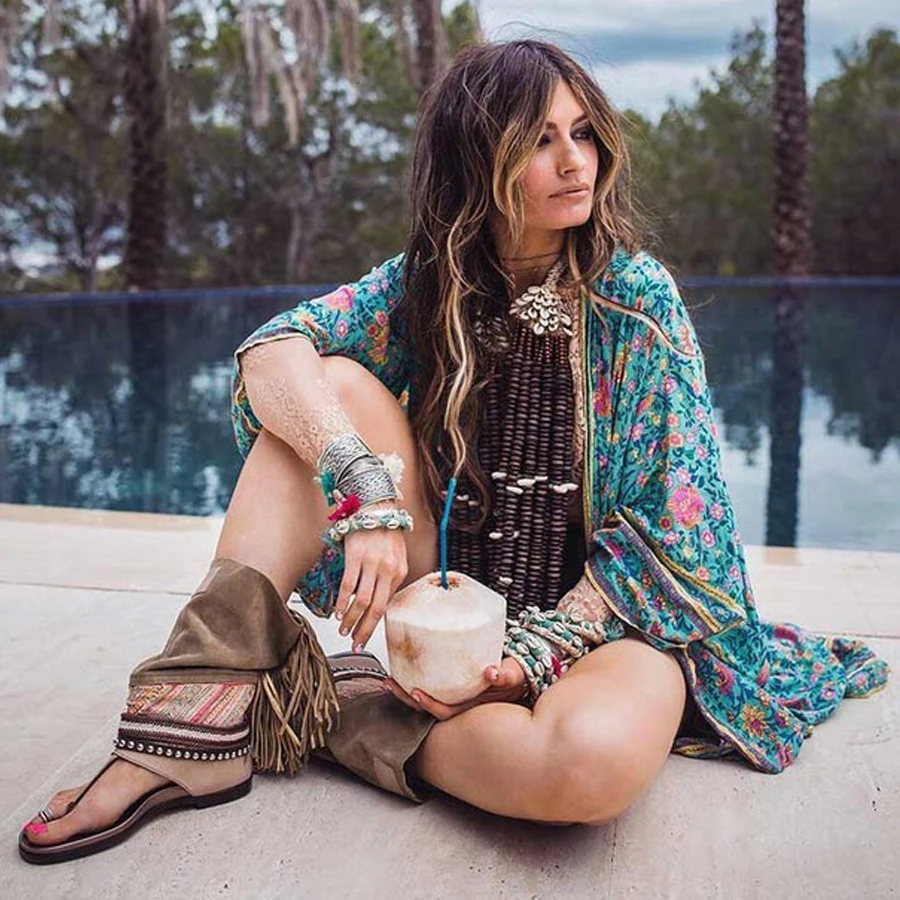 Винтажное длинное кимоно GypsyLady с цветочным рисунком блузка топ в стиле бохо