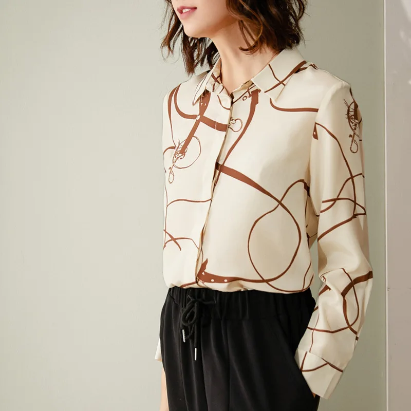 Новая шелковая рубашка с принтом и поясом для женщин весенне осенний шелковый