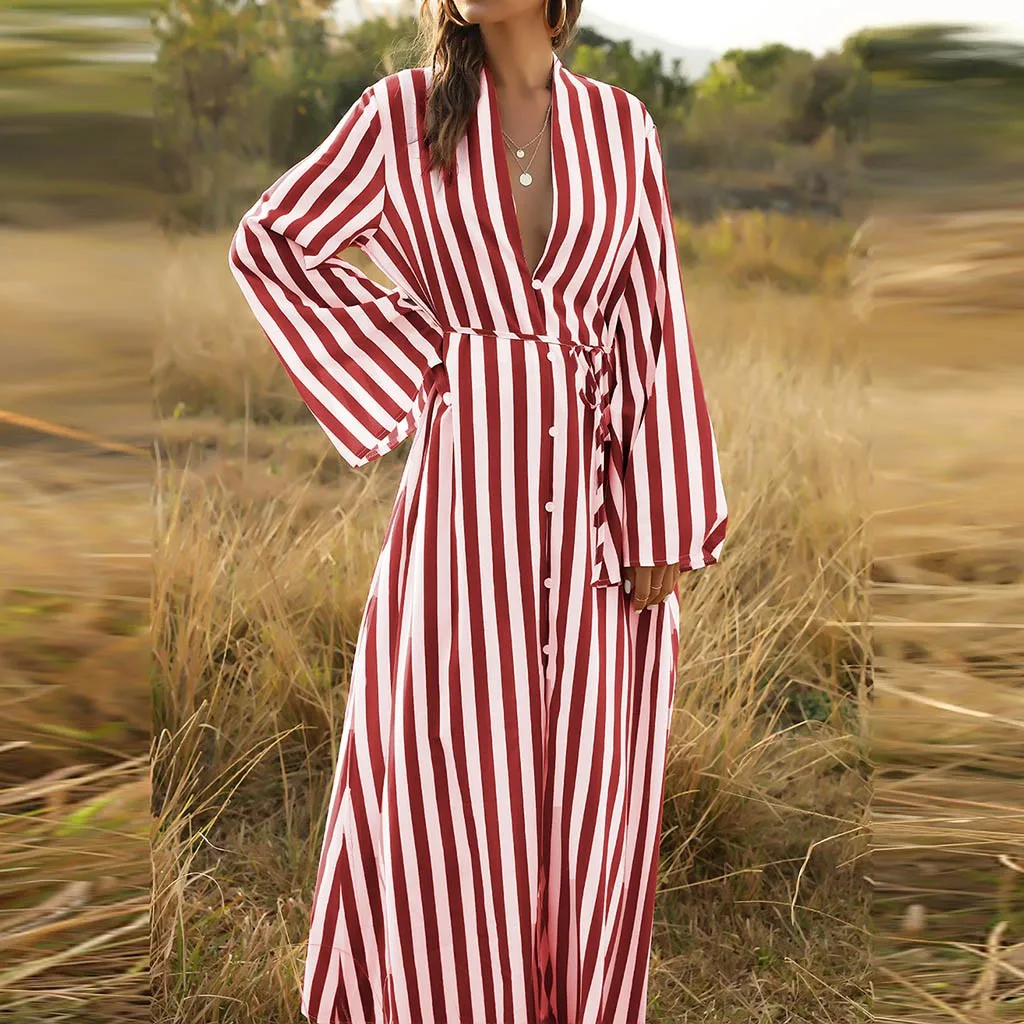 Весенне летнее Большое пляжное платье в черную полоску Свободное длинное