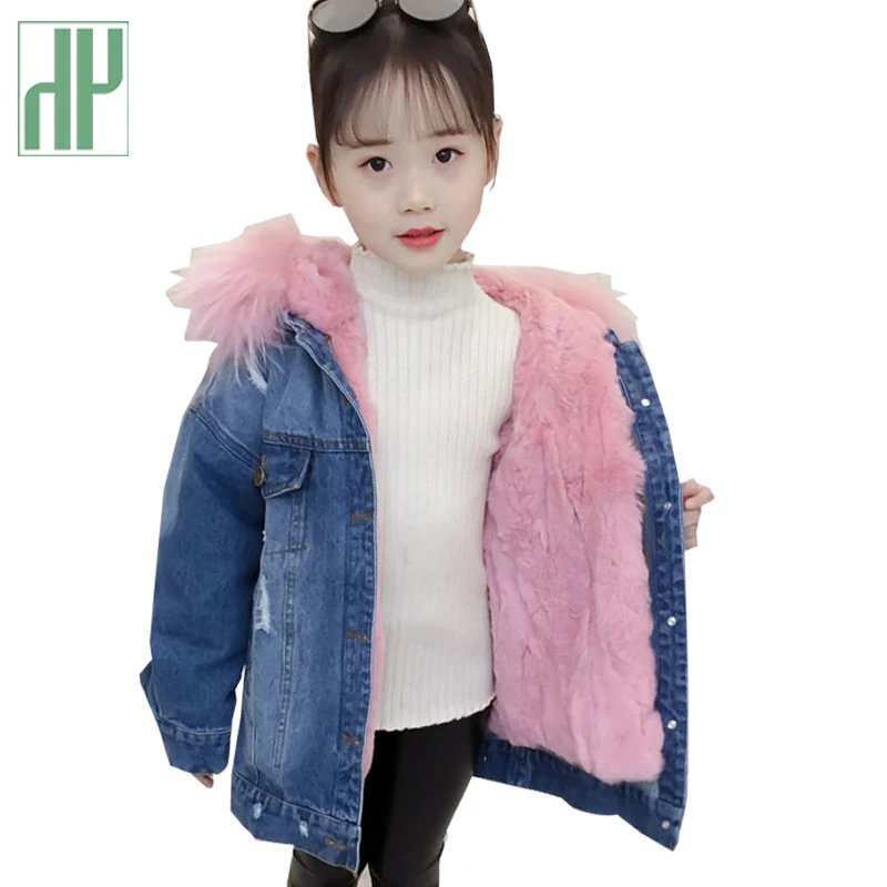 Зимнее пальто для девочек куртка с меховым капюшоном теплые детские джинсовые