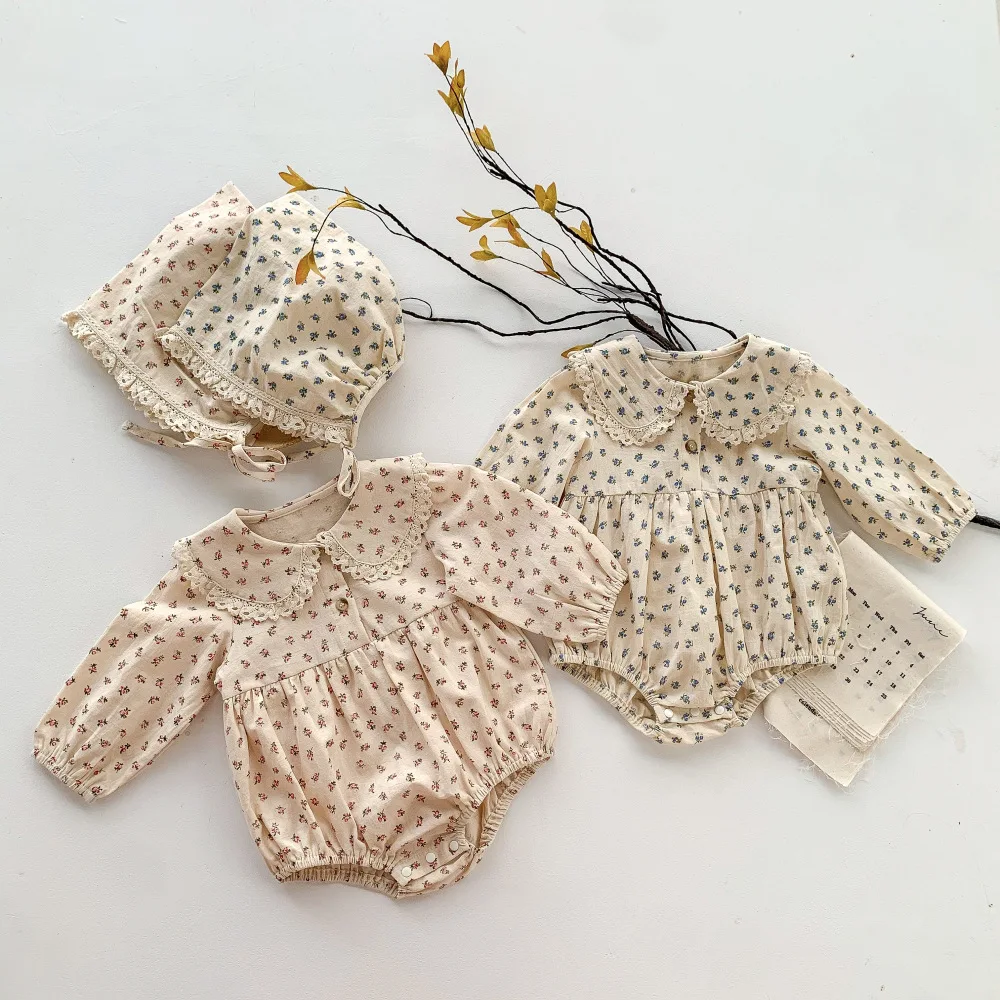 

Осенний кружевной комбинезон с цветочным рисунком для новорожденных девочек + шапка, хлопковый комбинезон с длинным рукавом, боди, дешевая ...