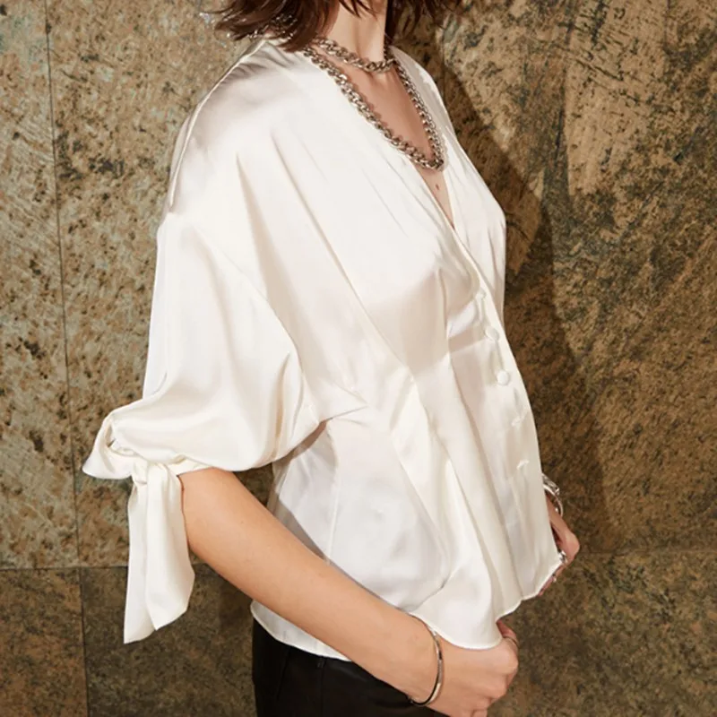 

2020 New Satin Pleated Blouse Spring Summer Women Ladies V Neck Bowknot Sleeve Casual Female Shirt Top