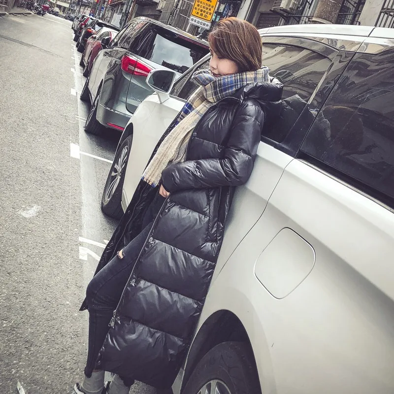 

Down Jacket Women's Long Section 2020 Winter New Fashion Korean Version of Slim Bright Thick Black Super Long Over The Knee