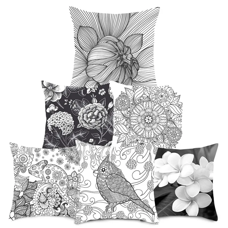 Чехол на подушку с цветочным принтом Fuwatacchi серый черный Цветочный фото чехлы для