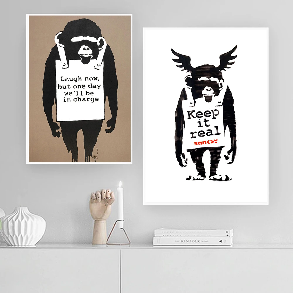 

Keep It Real Monkey Poster Laugh Now Street Graffiti Art Print Black and White Wall Art Picture Canvas Painting Living Room