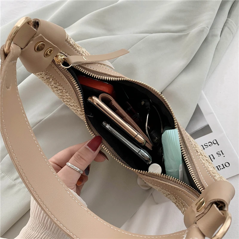 

Woven Moon Handbag Ladies Holiday Straw Small Shoulder Bag New Female Solid Color Simple Diagonal Bags Women Daily Mini Tote Bag