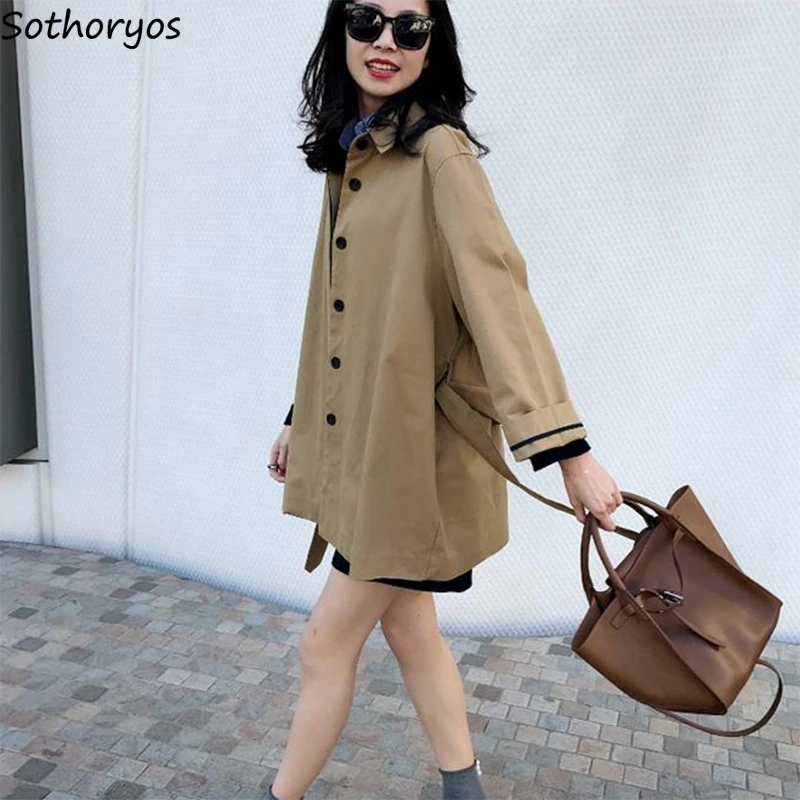 

Women Trench England Vintage Sashes Belt Overcoat Preppy Female Autumn Hipster Straight Khaki Windproof Windbreaker Outerwear