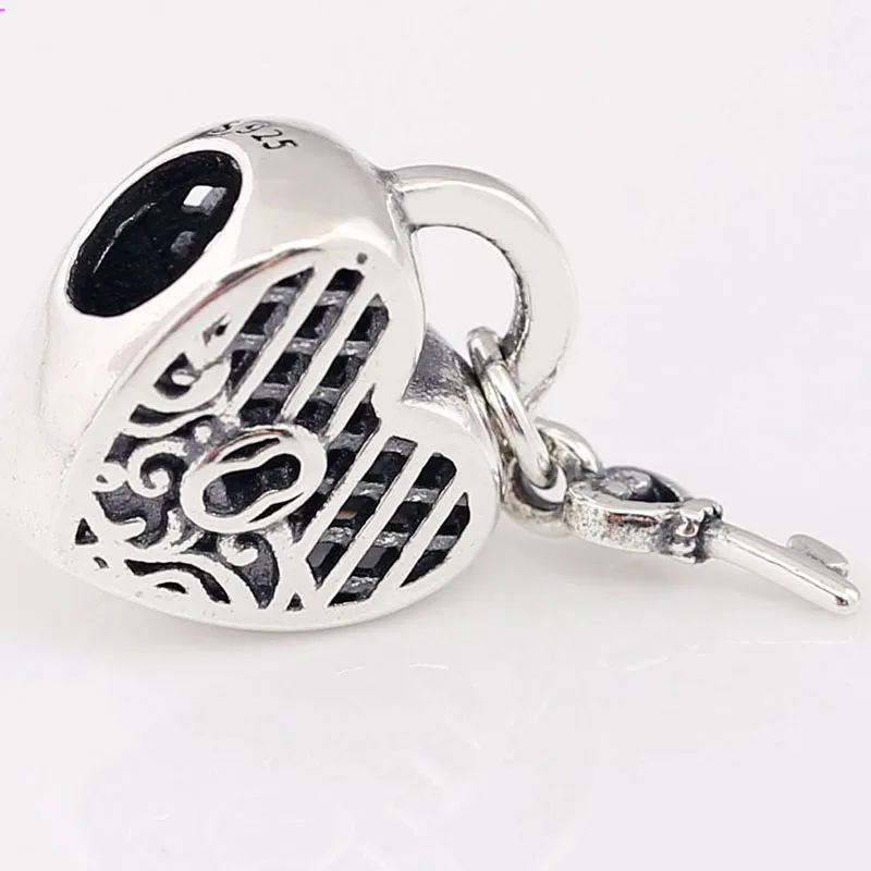 

100% 925 Sterling Silver Bead Hollow Heart-shaped Lock Beads Fit Pandora Women Bracelet & Necklace Diy Jewelry