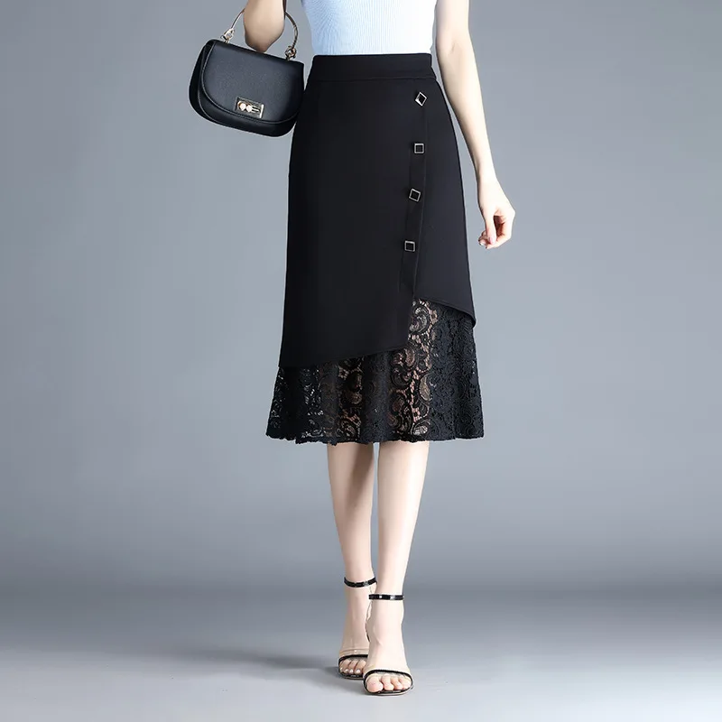

Black Fishtail Skirt 2021 Summer Women High Waist Office Lady Elegant Fashion Slim Casual Mid-long Bodycon Skirts 6273