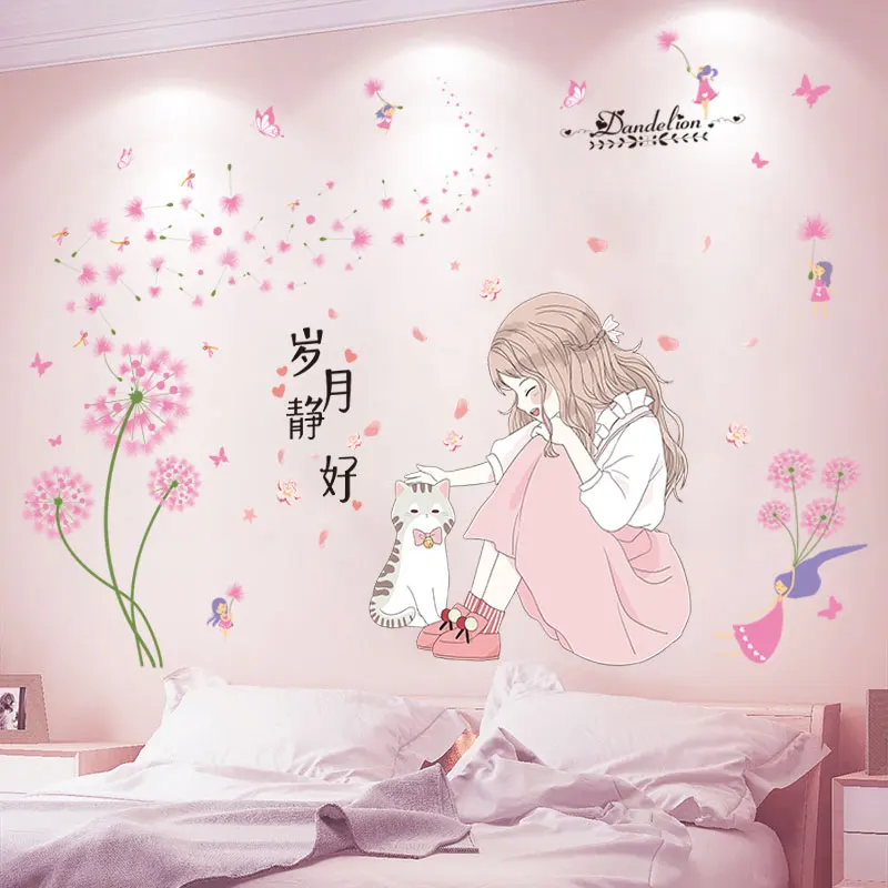 

[shijuekongjian] Cartoon Girl Wall Stickers DIY Dandelion Flower Wall Decals for Kids Bedroom Baby Room Kitchen Home Decoration