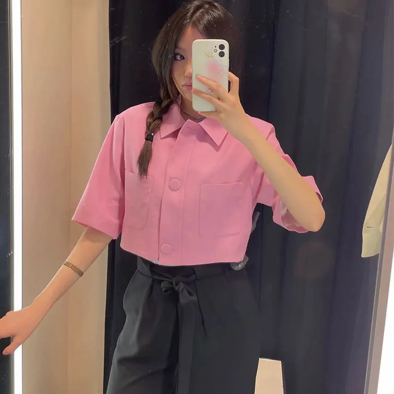 

2021 Za New Summer Women's Suit Two Piece Pink Office Suit With Shorts for High-Waiste Casual Pink Jackets Fashion Pocket Chic